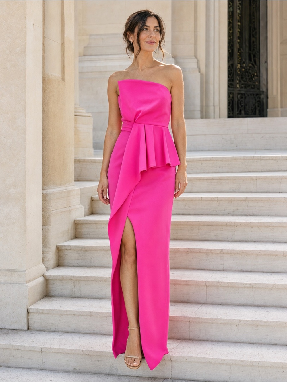 BLACK HALO Jonas Strapless Iconic Pink Peplum Evening Gown Size 2
